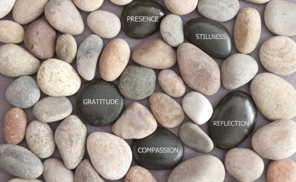 Circle of meditation zen stones amongst pebbles with inspirational words